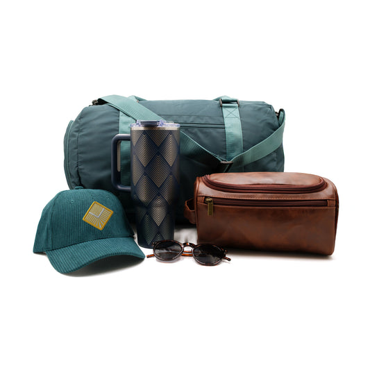 Peacock Teal duffel bag, Navy Engraved 40oz Stainless Steel Tumbler, Brown leather dopp kit, Peacock Teal green adjustable hat, and sunglasses