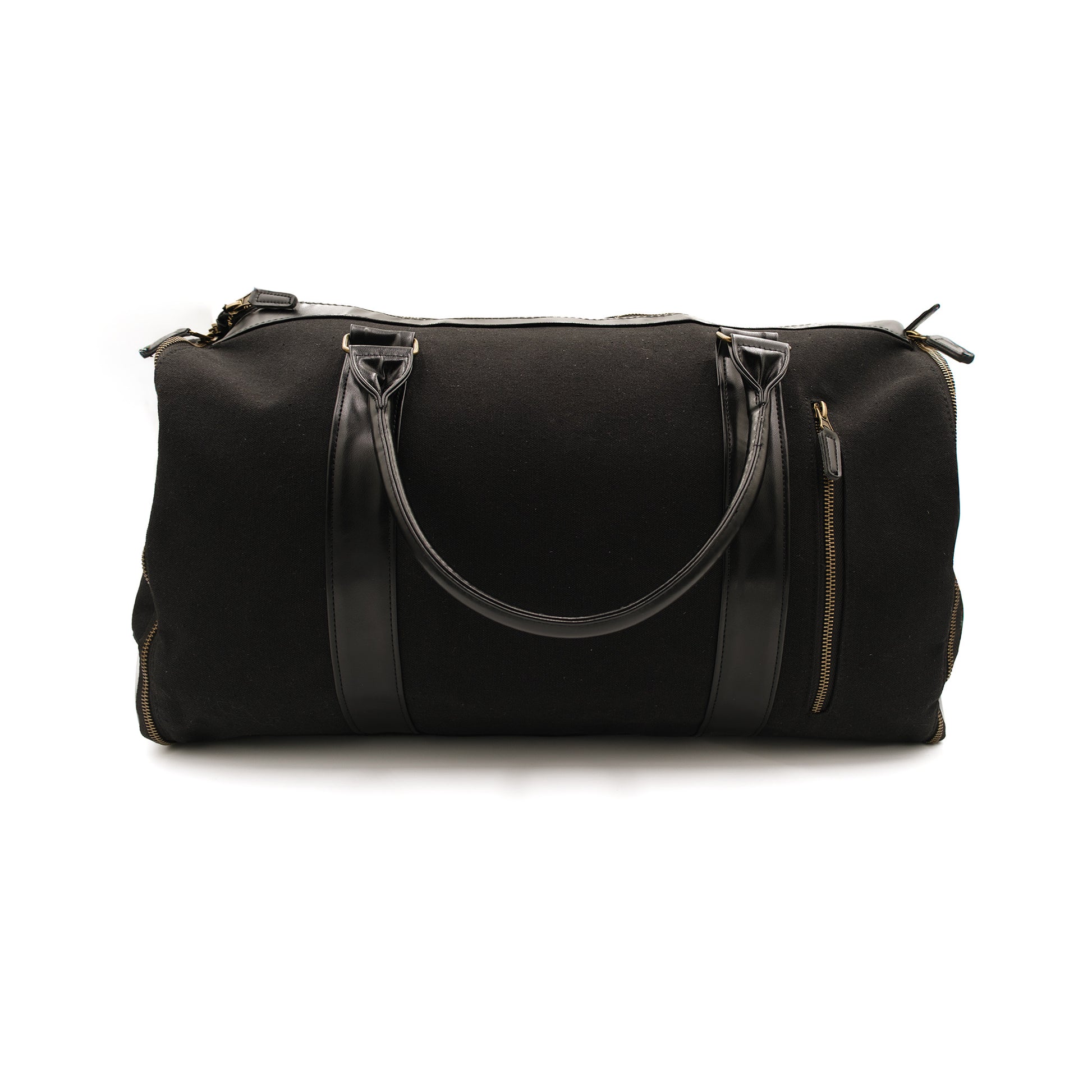 Black Garment Weekender Duffel Bag with vegan leather and brass accents