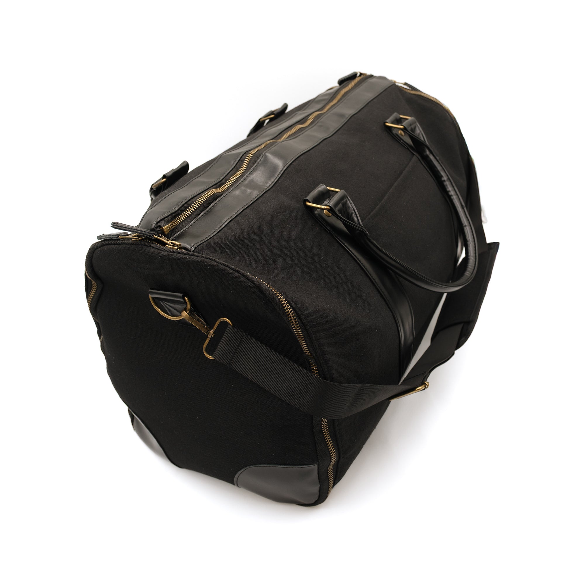 Black Garment Weekender Duffel Bag with handles and shoulder strap, Vegan Leather and Brass Accents