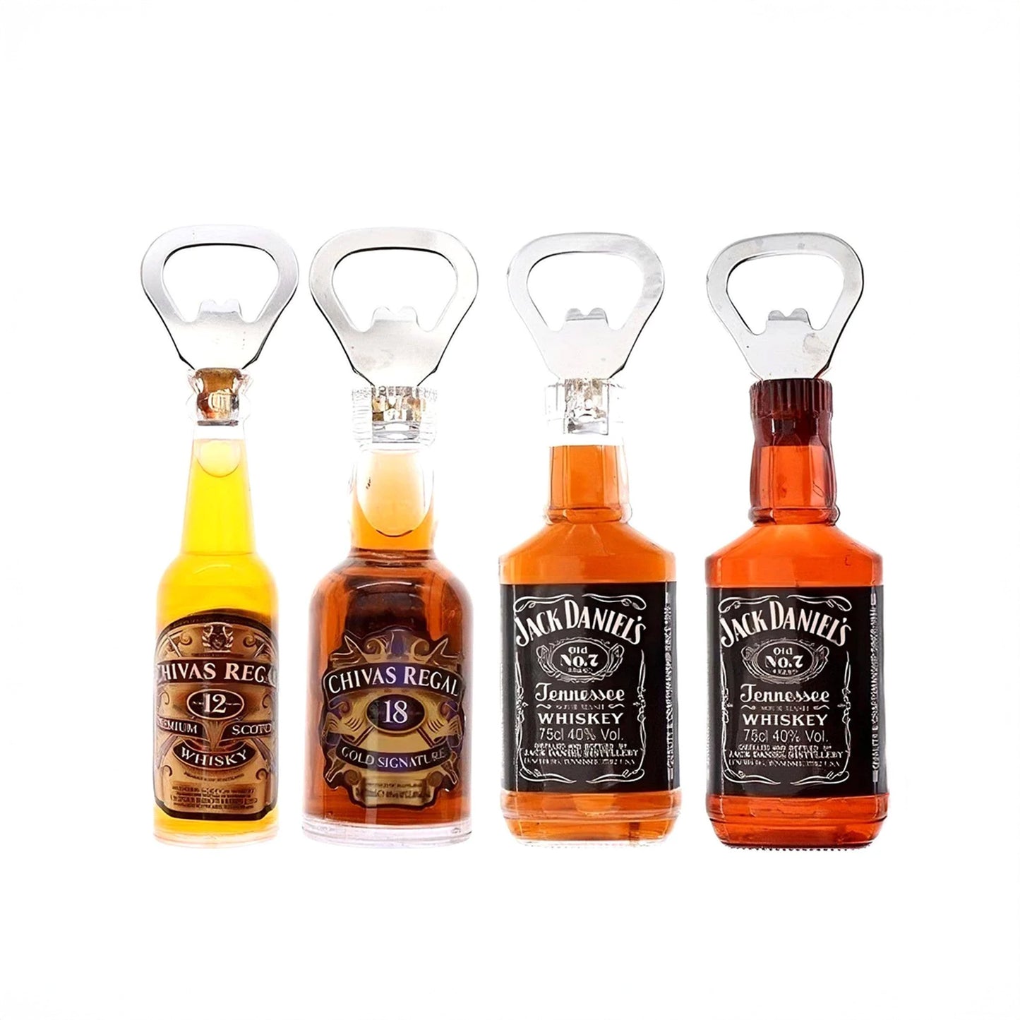 Four bottle openers shaped like whiskey bottles, Jack Daniels and Chivas Regal