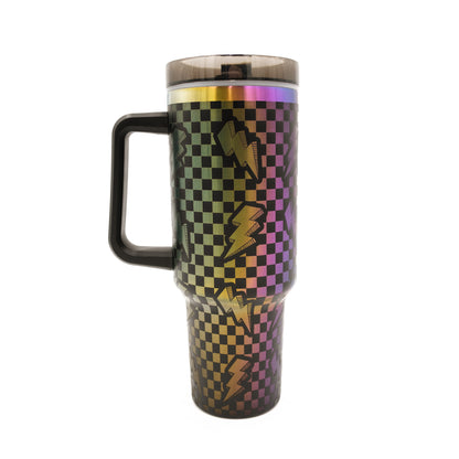 Engraved 40oz. Stainless Steel Iridescent Checker Lightning Bolt Tumbler with handle