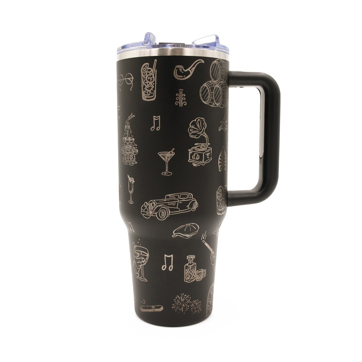 Engraved 40oz. Stainless Steel Black Tumbler, Roaring 20s, Speakeasy, Moonshine