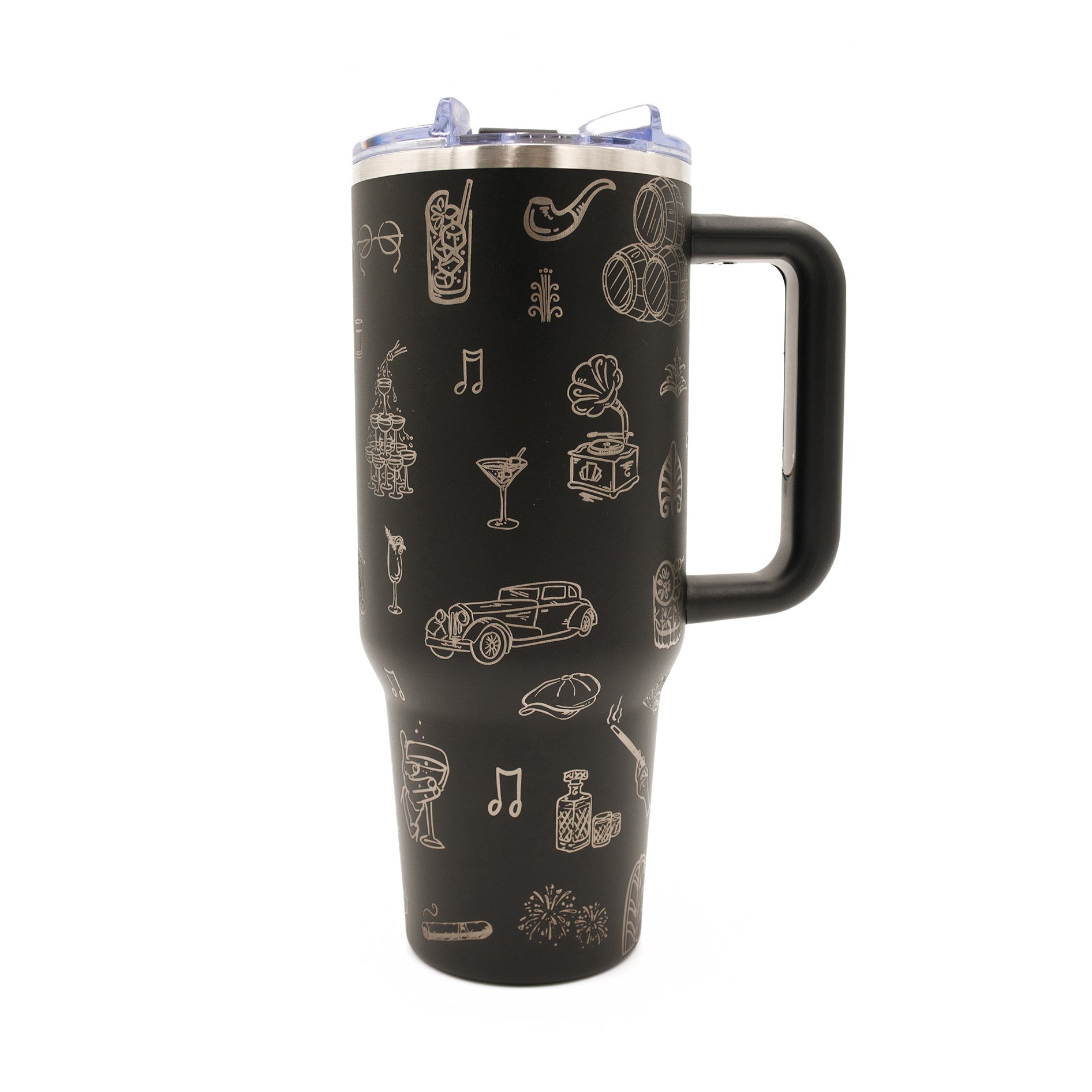 Engraved 40oz. Stainless Steel Black Tumbler, Roaring 20s, Speakeasy, Moonshine