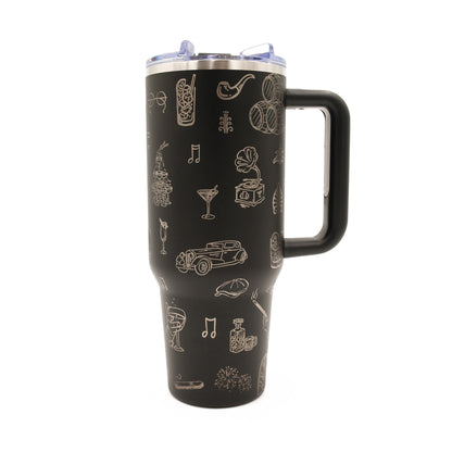 Engraved 40oz. Stainless Steel Black Tumbler, Roaring 20s, Speakeasy, Moonshine