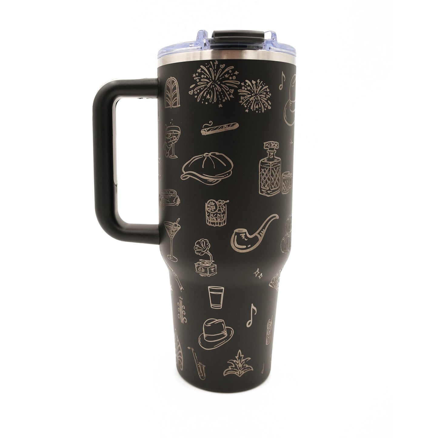 Engraved 40oz. Stainless Steel Black Tumbler, Roaring 20s, Speakeasy, Moonshine