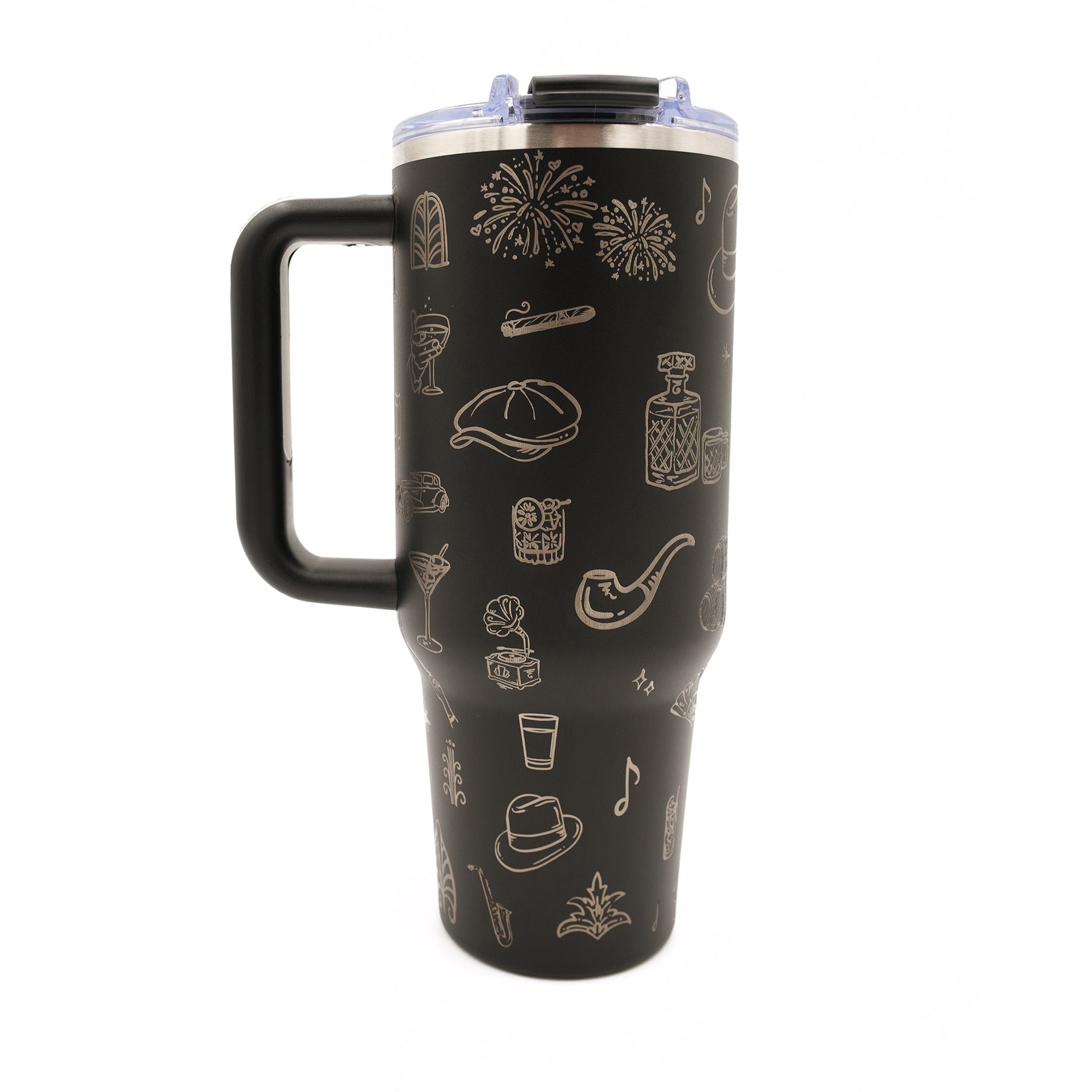 Engraved 40oz. Stainless Steel Black Tumbler, Roaring 20s, Speakeasy, Moonshine