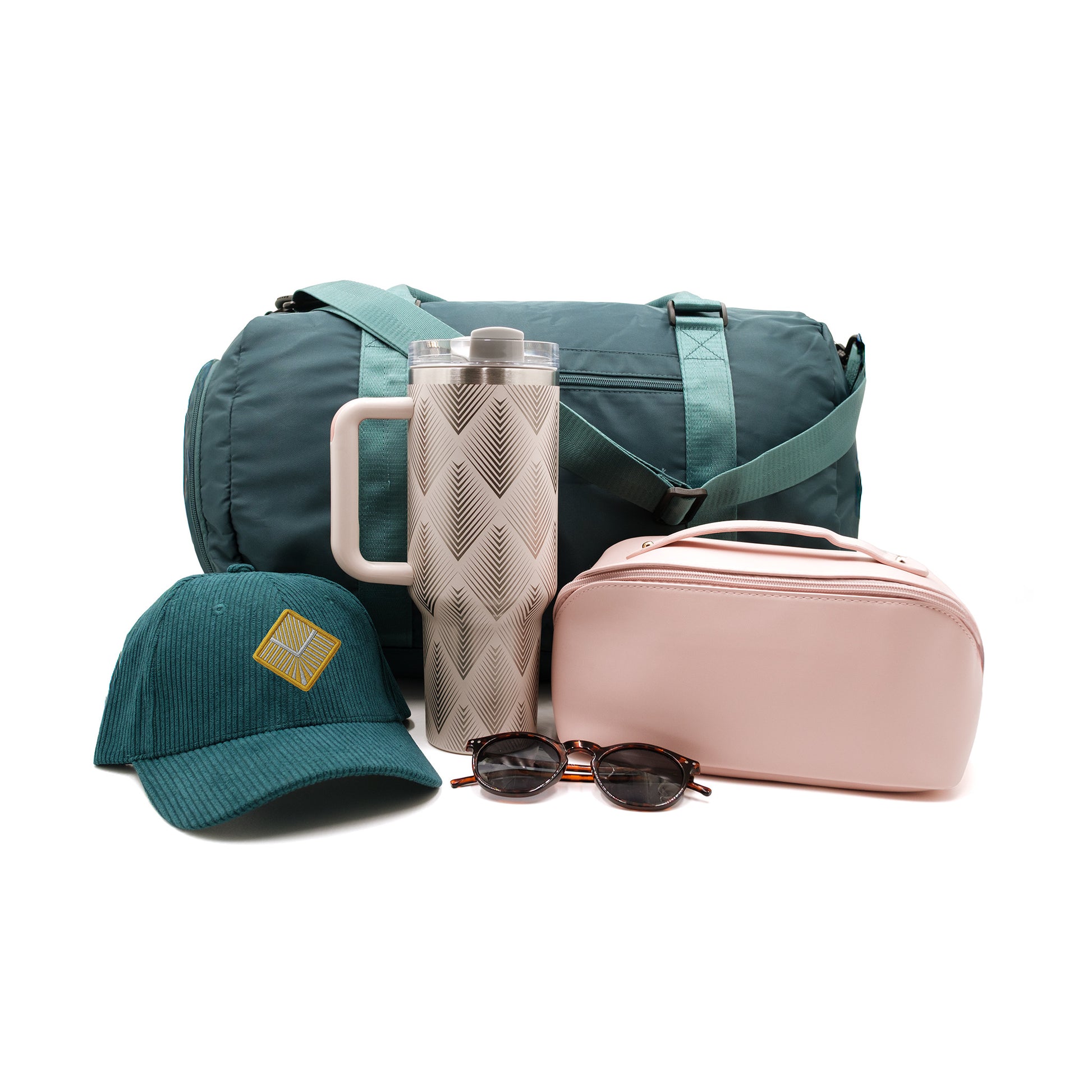 Peacock Teal duffel bag, Blush Pink Engraved 40oz Stainless Steel Tumbler, blush leather dopp kit, Peacock Teal green adjustable hat, and sunglasses 