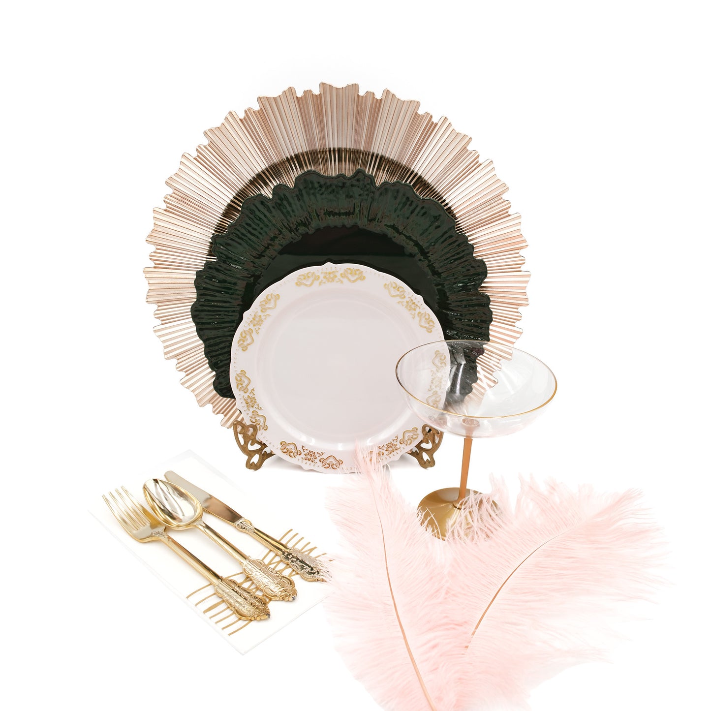Decorative charger plate with gold rim, Hunter Emerald Green Dinner Plate, Blush and Gold Appetizer plate, accompanied by gold baroque cutlery and pink ostrich feathers