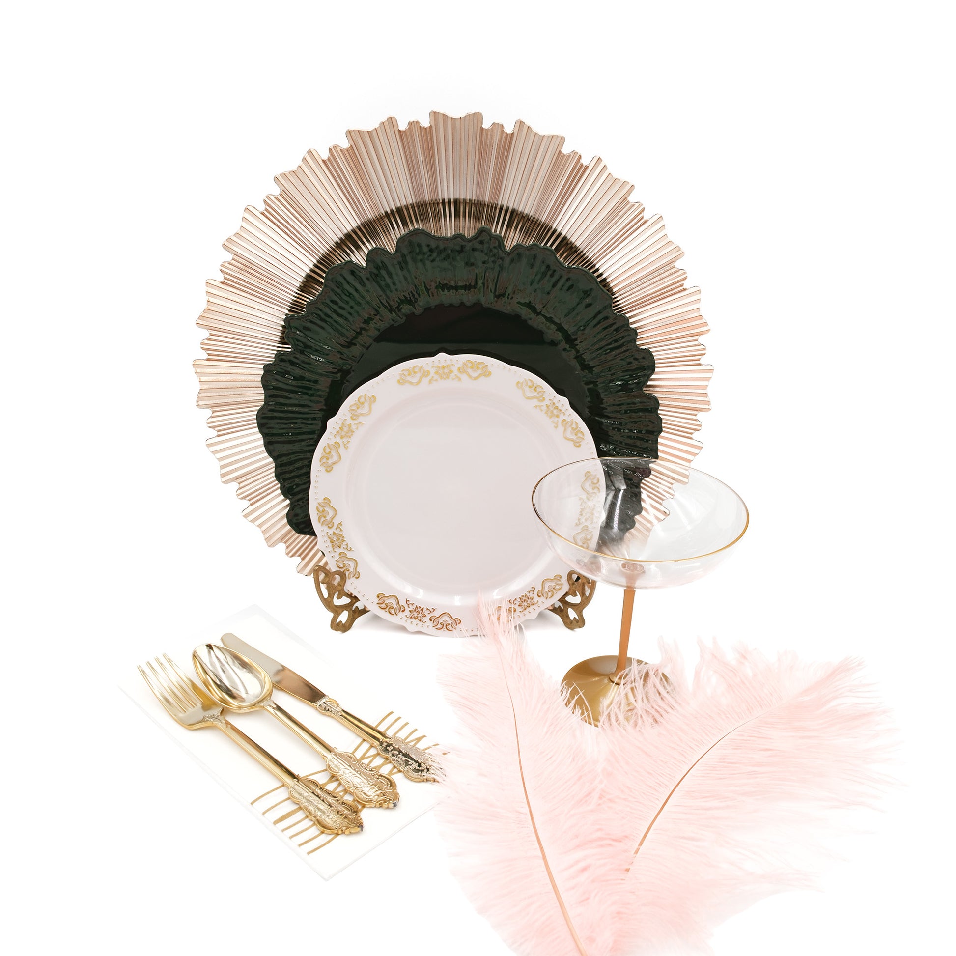 Decorative charger plate with gold rim, Hunter Emerald Green Dinner Plate, Blush and Gold Appetizer plate, accompanied by gold baroque cutlery and pink ostrich feathers