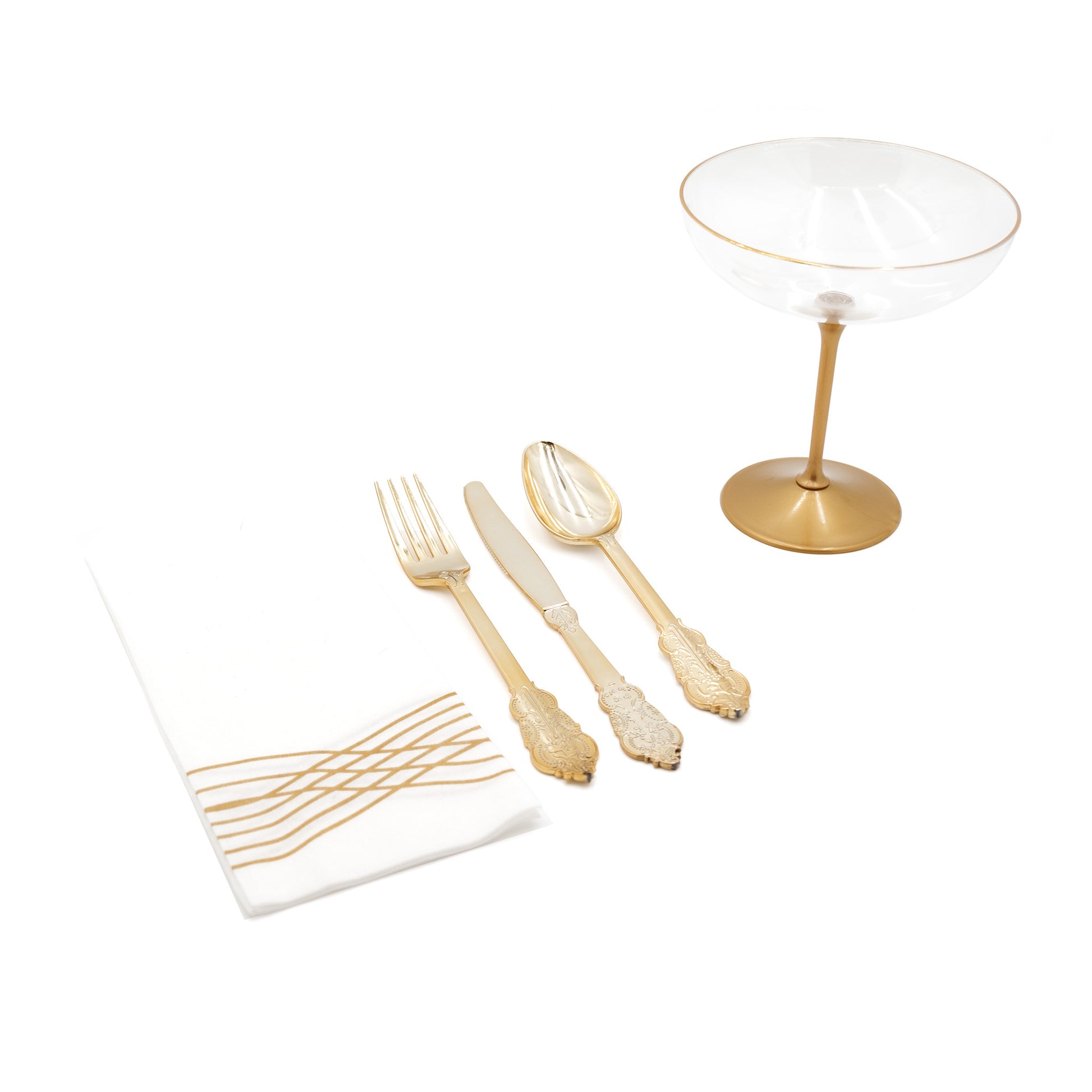 Coupe glass, baroque gold cutlery, gold accent napkin