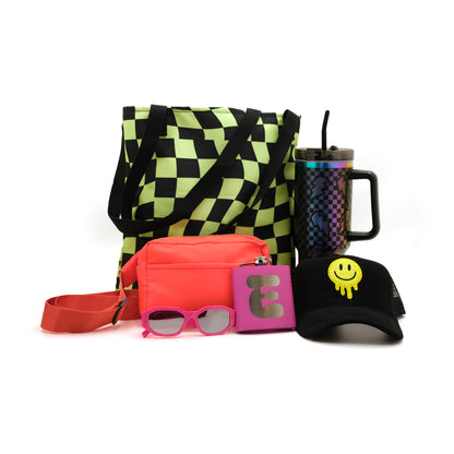 Collection of colorful neon products and accessories including a checkered bag, 40oz tumbler, pink fanny pack, sunglasses, Custom engraved flask,, and black cap with yellow smiley face 