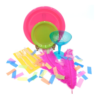 Neon Dinnerware Set, Dinner Plates, Appetizer Plates, Margarita Glass, Fuschia Ostrich Feathers, Neon UV Confetti, Yellow Napkins, Cutlery