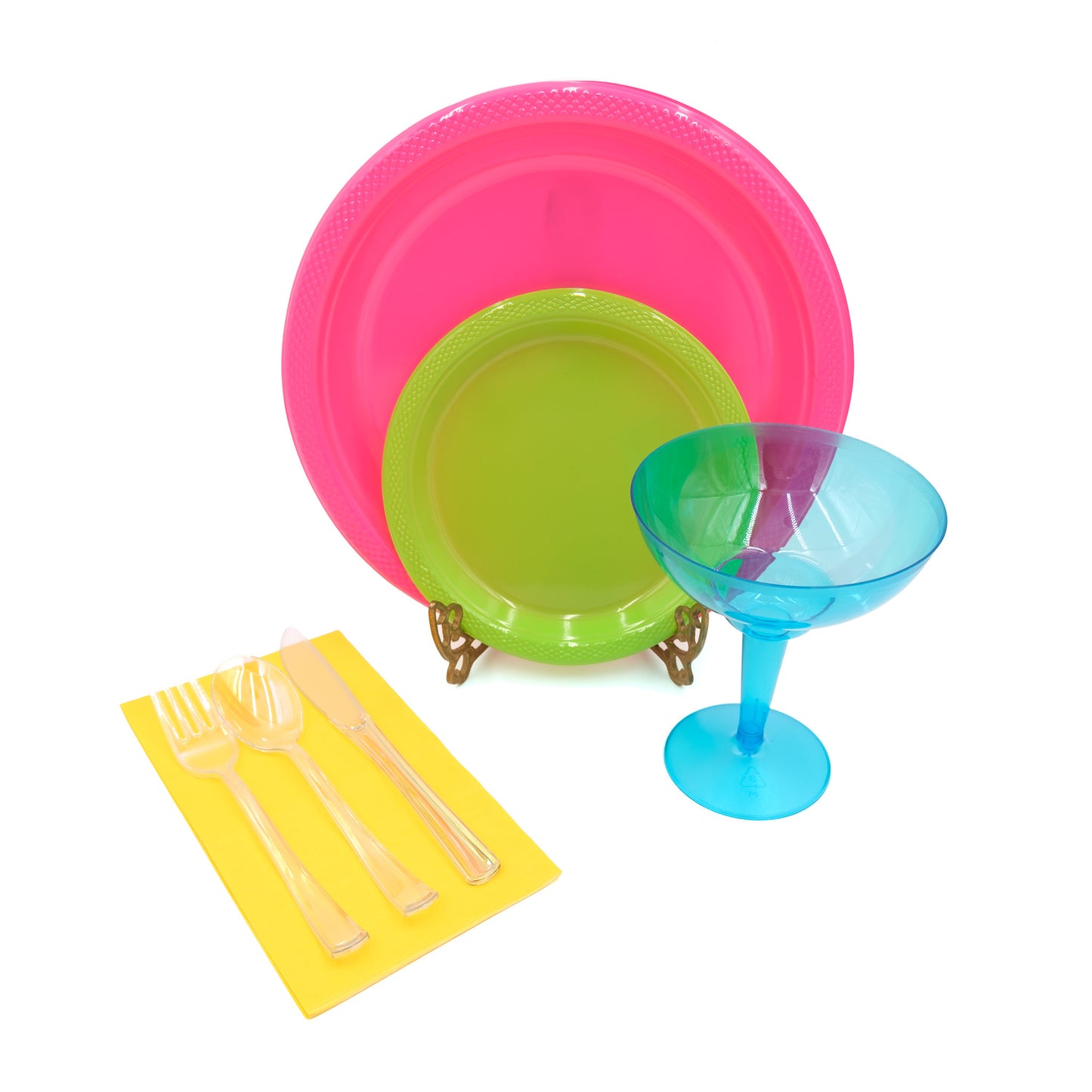 Neon Dinnerware Set, Dinner Plates, Appetizer Plates, Margarita Glass, Fuschia Ostrich Feathers, Neon UV Confetti, Yellow Napkins, Cutlery