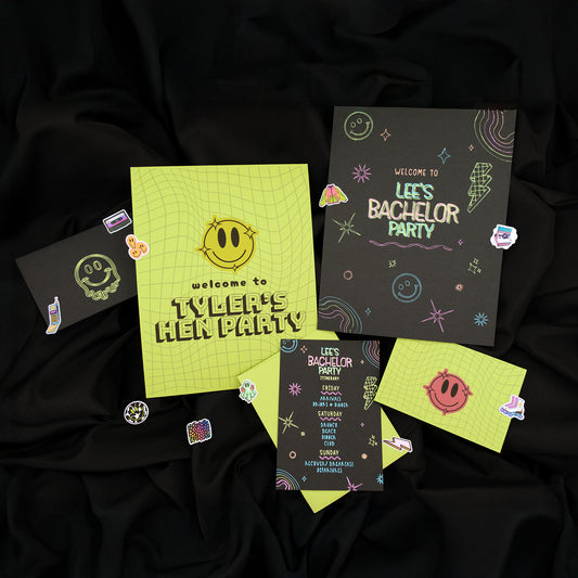 Personalized Invitations, Itinerary, Welcome Sign, Thank-Yous, Neon, Retro, 90s