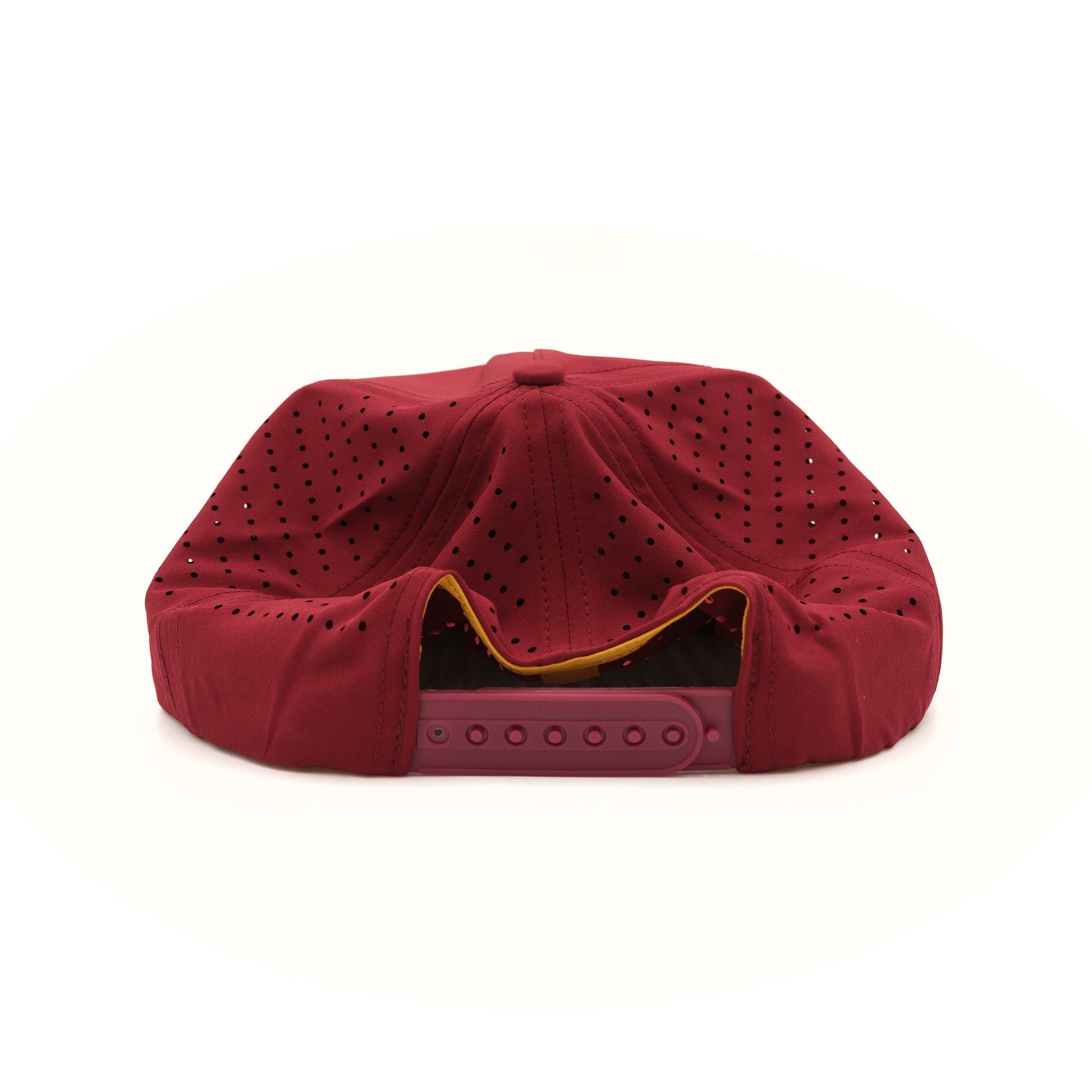 Maroon mesh adjustable snapback hat with mustard accents, moisture wicking