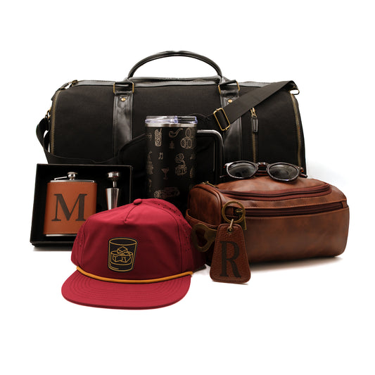 Custom gifts, black garment duffel bag, engraved 40oz. black stainless steel tumbler, engraved flask set, dopp bag, sunglasses, engraved keychain, maroon hat