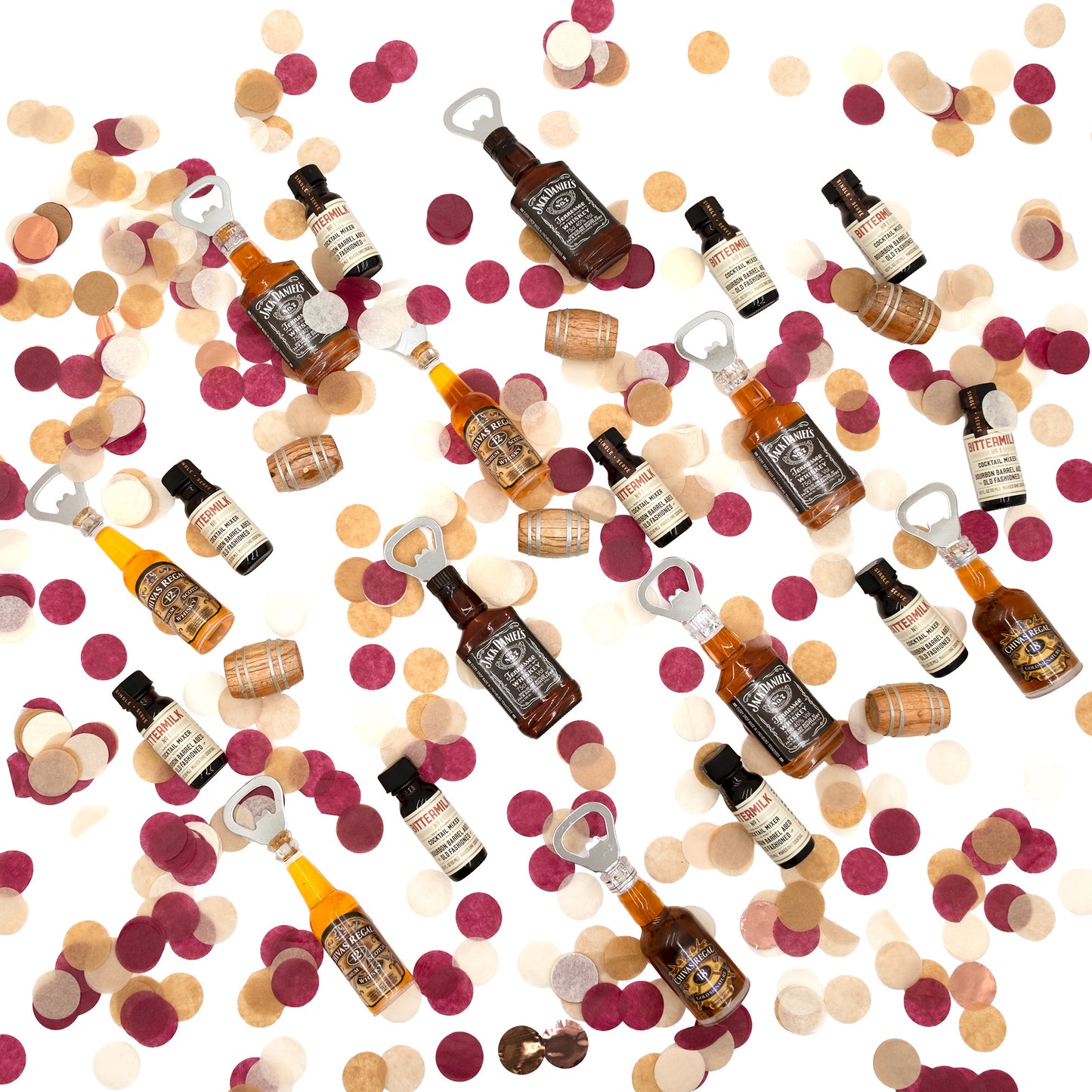 Moonshine Collection Table Scatter Bottle Openers, whiskey barrels, and Confetti