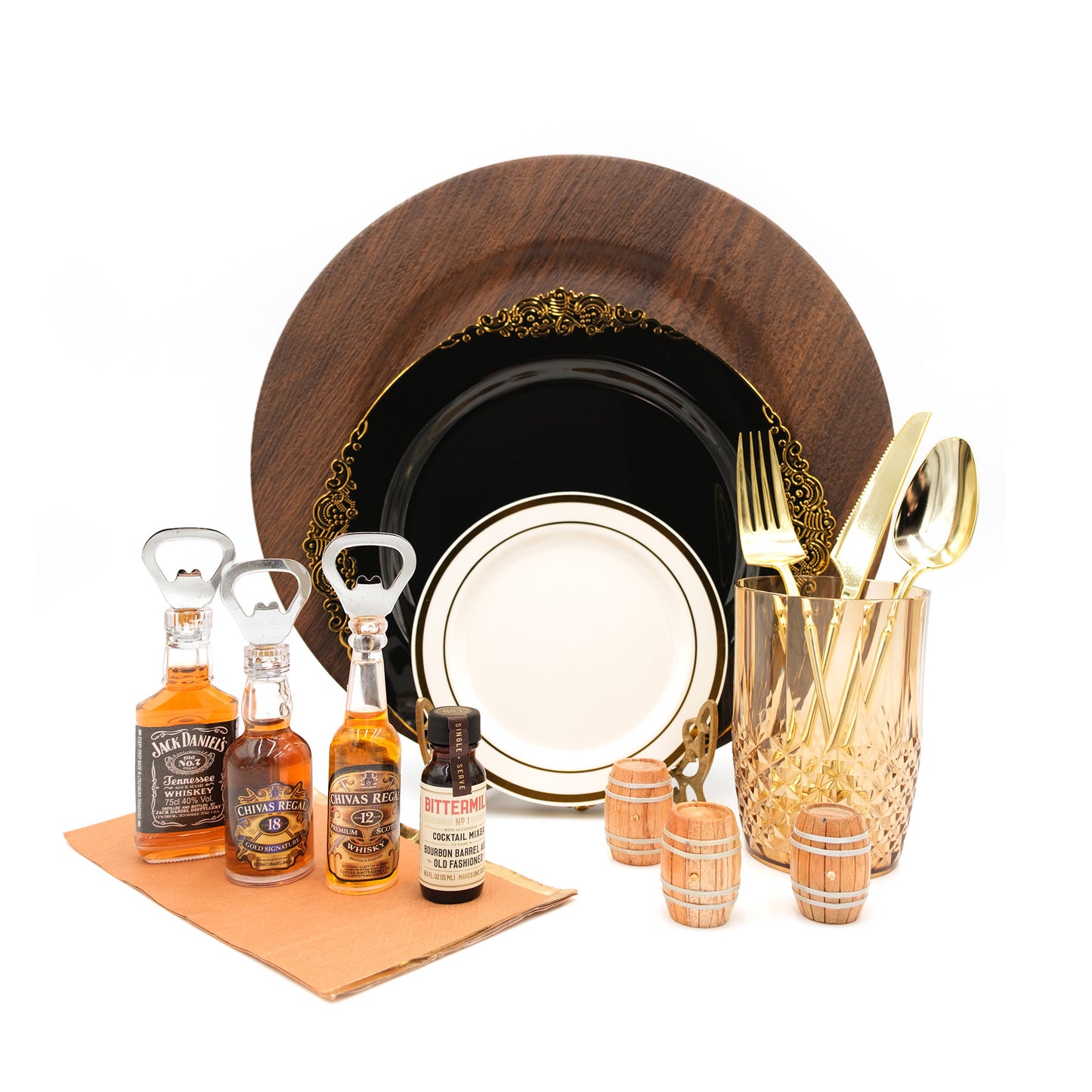 Dinnerware Set including faux wood charger, dinner plate, dessert plate, gold cutlery, terracotta napkin, amber crystal glass, table scatter