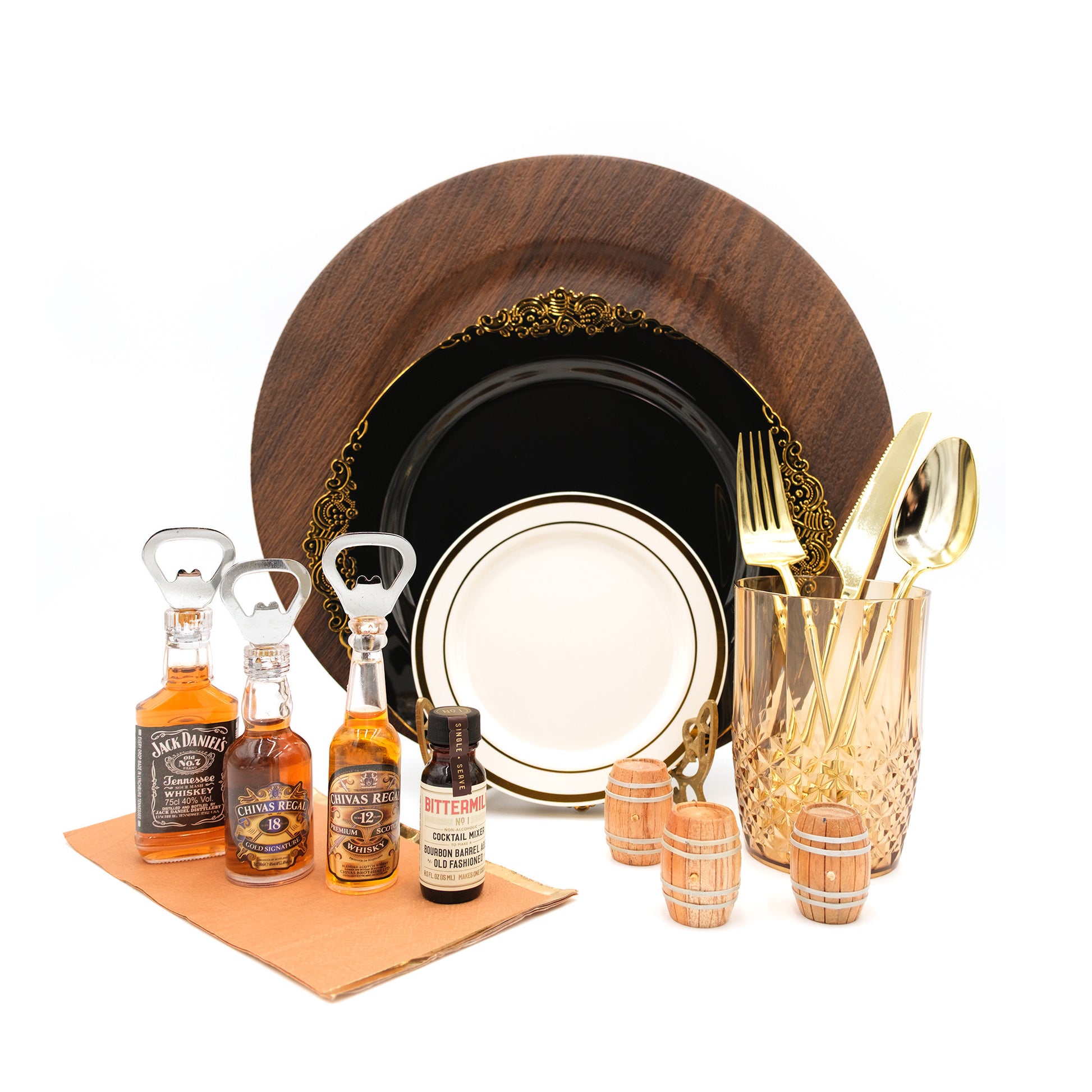 Dinnerware Set including faux wood charger, dinner plate, dessert plate, gold cutlery, terracotta napkin, amber crystal glass, table scatter