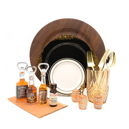 Dinnerware Set including faux wood charger, dinner plate, dessert plate, gold cutlery, terracotta napkin, amber crystal glass, table scatter
