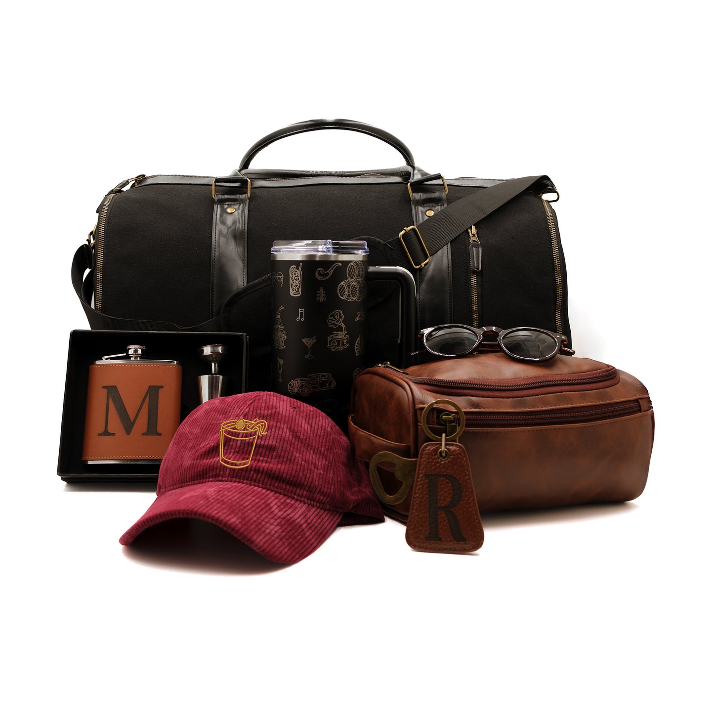 Custom gifts, black garment duffel bag, engraved 40oz. black stainless steel tumbler, engraved flask set, dopp bag, sunglasses, engraved keychain, maroon hat