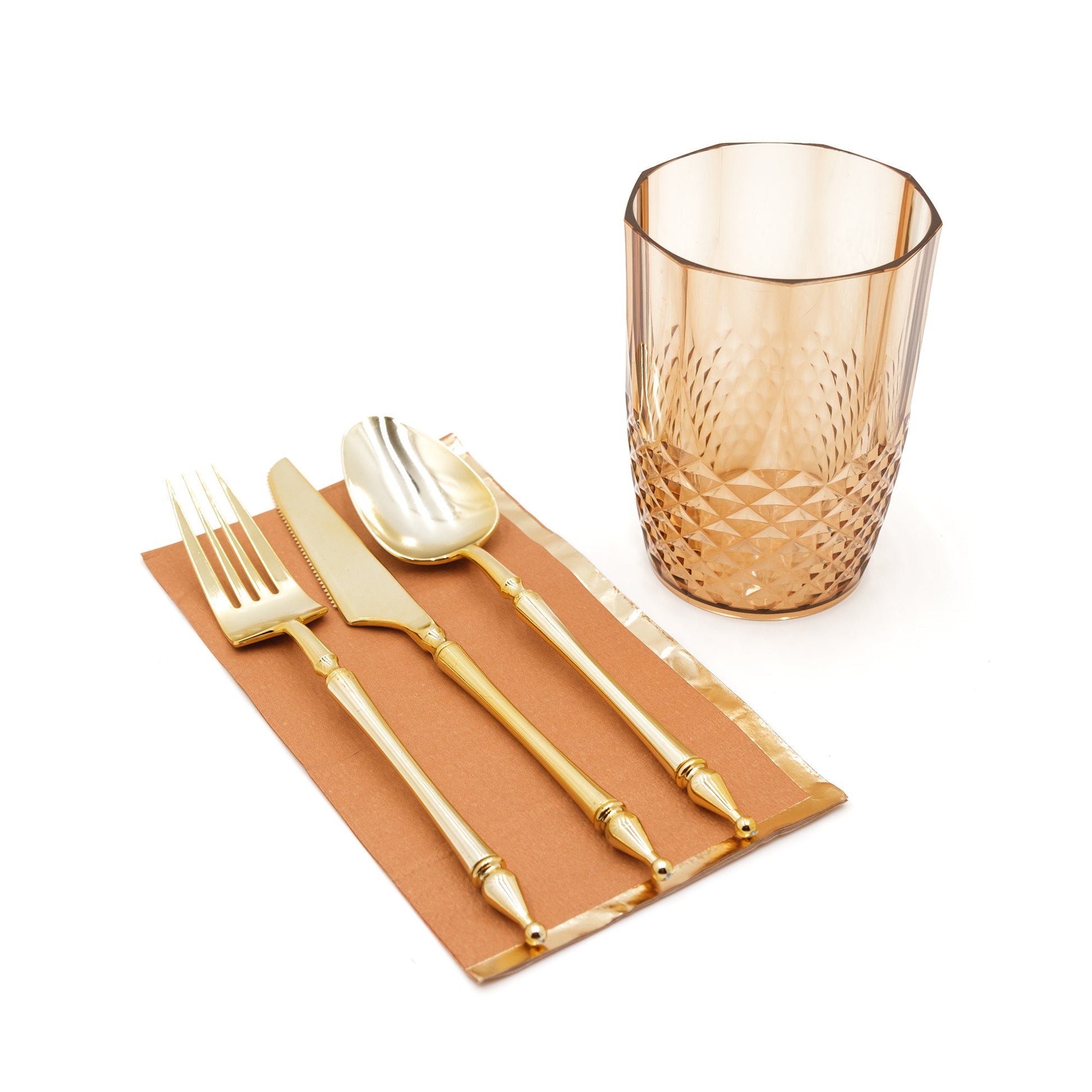 Dinnerware Set, Amber Glass, Terracotta Napkins, Gold Cutlery