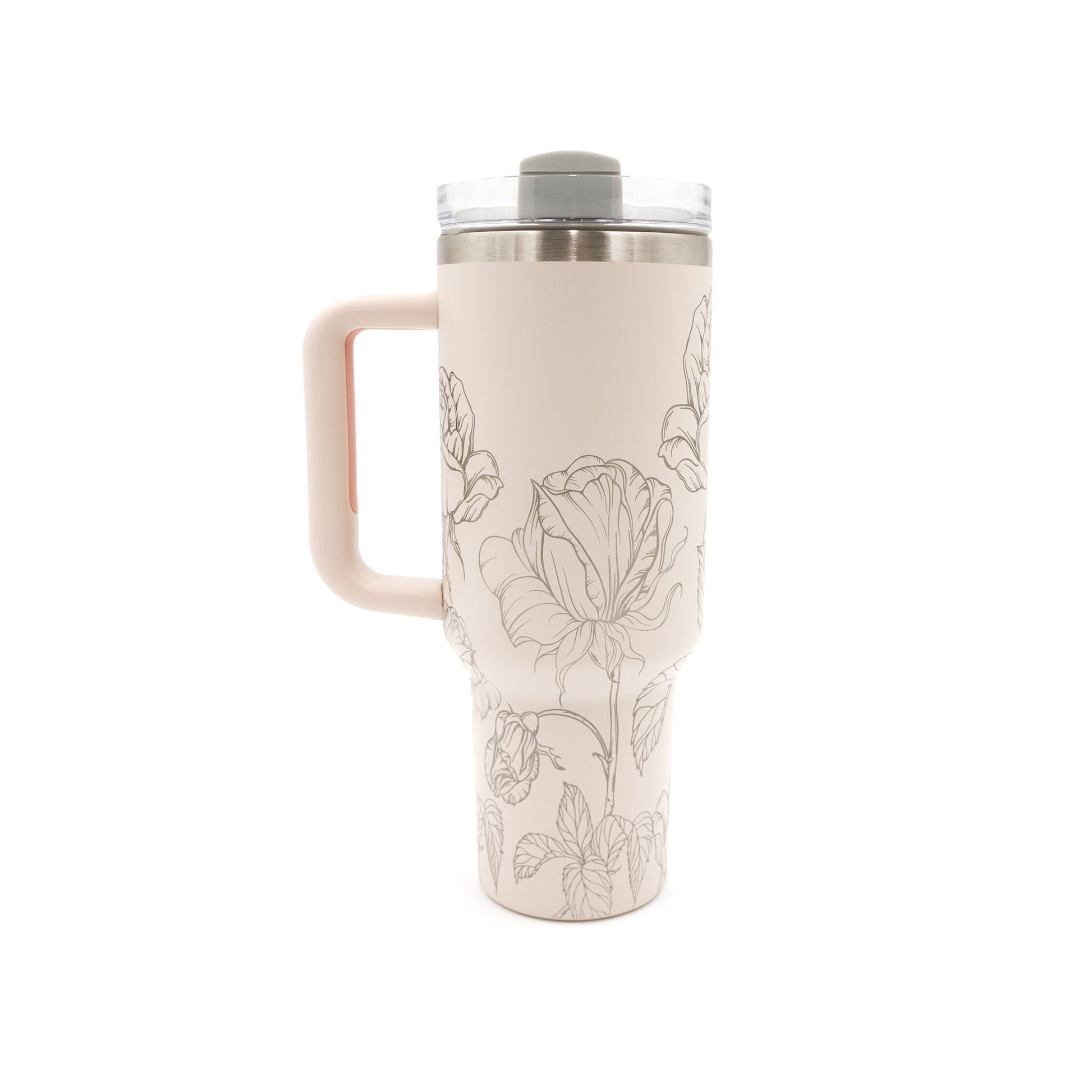 Rosebuds Blush Engraved 40oz. Tumbler with Handle and Straws. Custom Gifts, Engraved Gifts, Party Favors