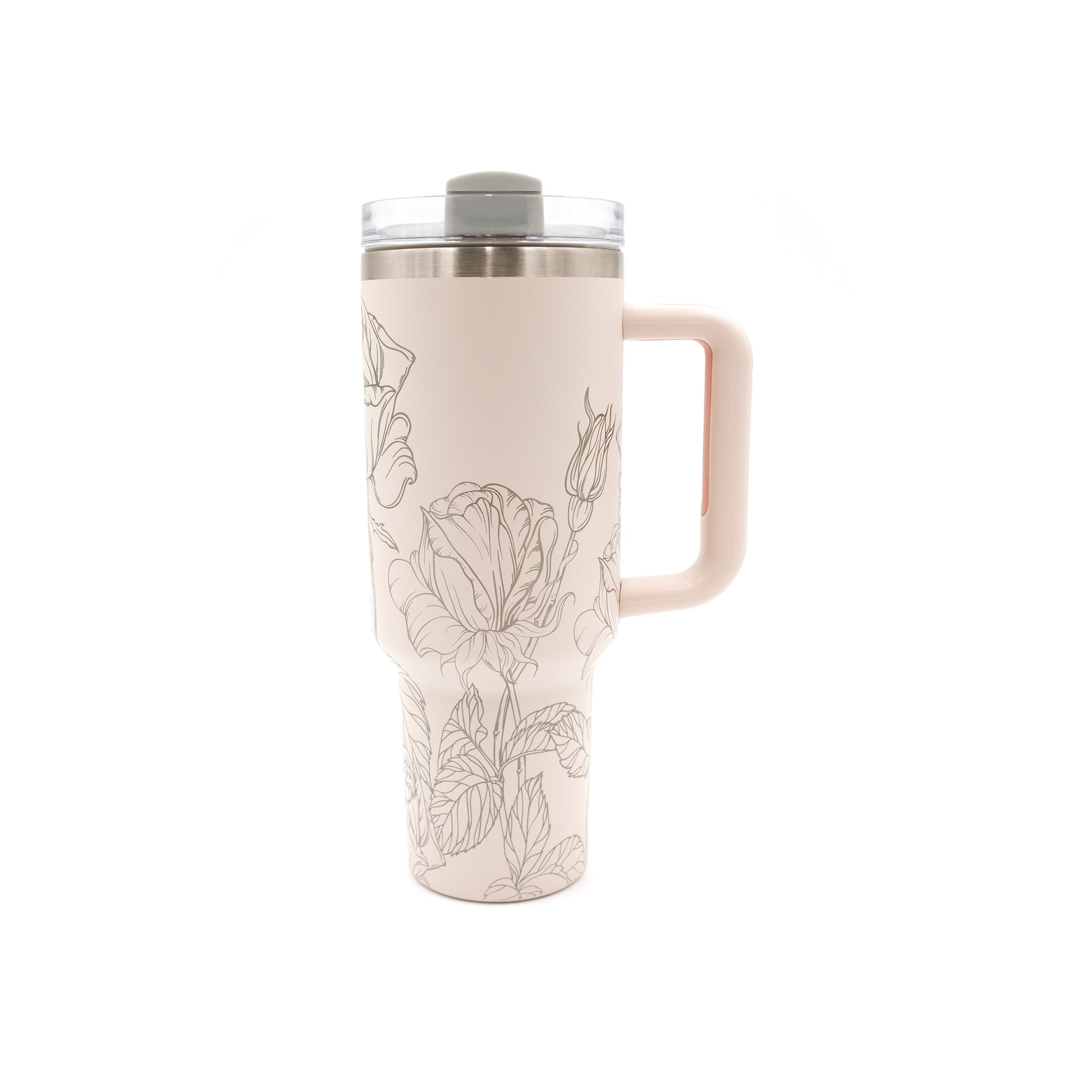 Rosebuds Blush Engraved 40oz. Tumbler with Handle and Straws. Custom Gifts, Engraved Gifts, Party Favors