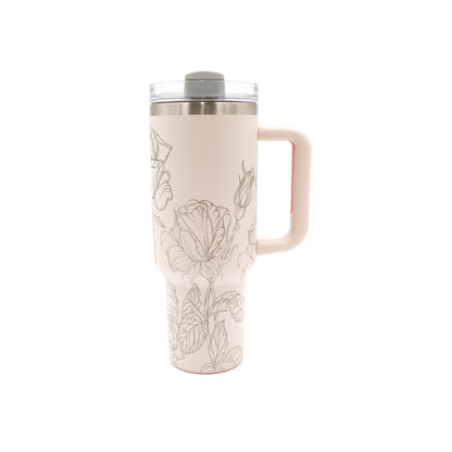 Rosebuds Blush Engraved 40oz. Tumbler with Handle and Straws. Custom Gifts, Engraved Gifts, Party Favors