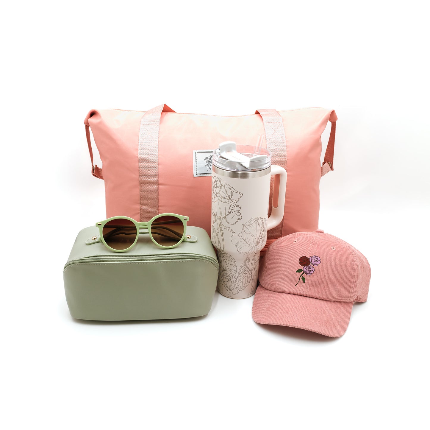 Rosebuds Bubblegum Pink Custom Gift Set - Pink Convertible Tote Weekender Bag, Sage Green Makeup Bag, Sage Green Round Sunglasses, Blush Pink 40oz. Engraved Tumbler, Mauve Pink Hat, 
Custom T-Shirt, Engraved Charm, Custom Gifts, Engraved Gifts, Party Favors