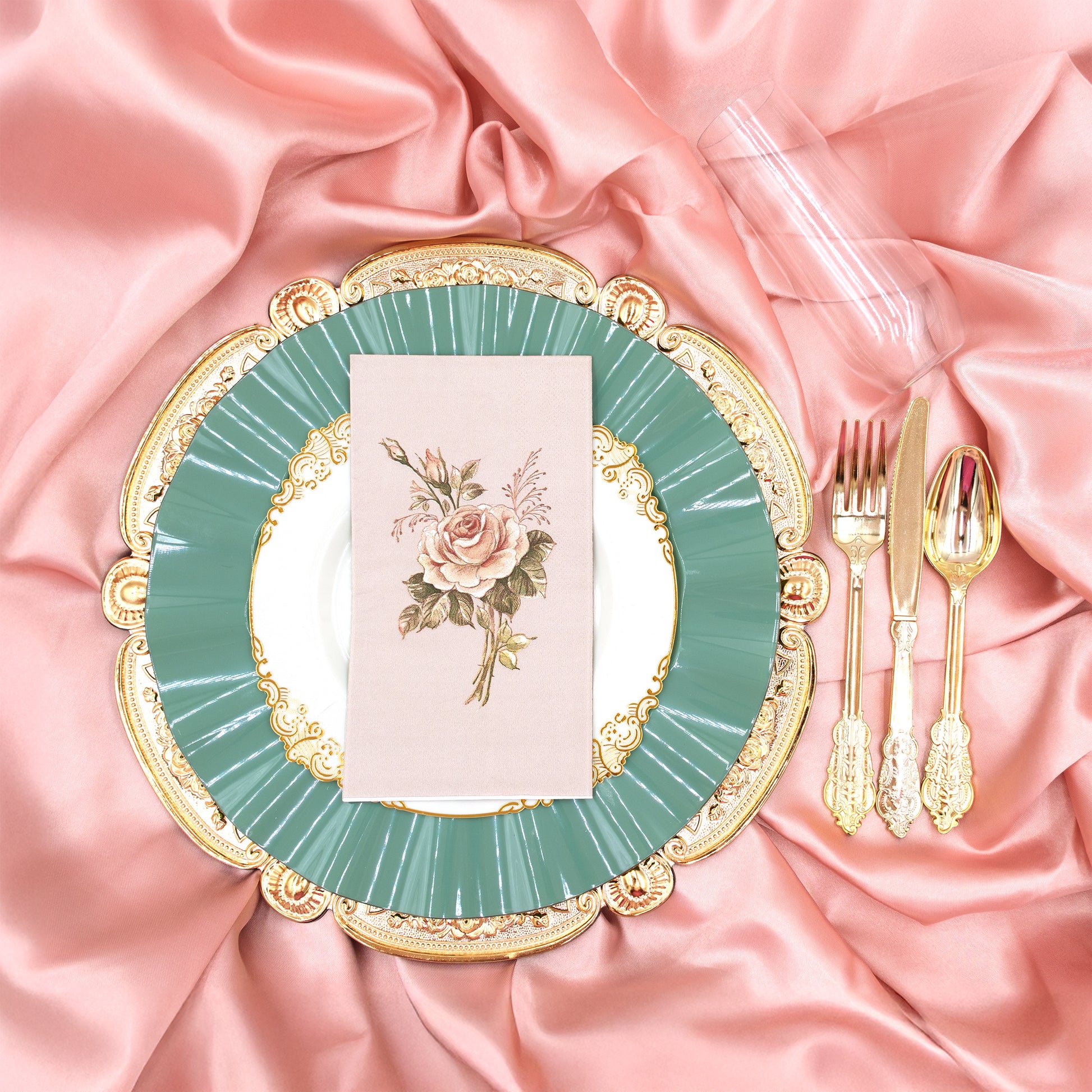 Rosebuds Dinnerware Set, Gold Charger, Sage Plate, Rose Print Napkin, Disposable Gold Utensils, Disposable Dinnerware