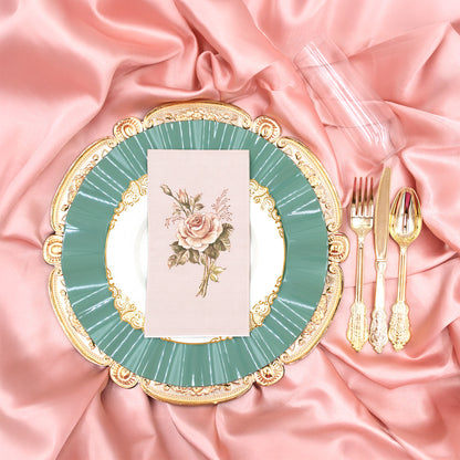 Rosebuds Dinnerware Set, Gold Charger, Sage Plate, Rose Print Napkin, Disposable Gold Utensils, Disposable Dinnerware