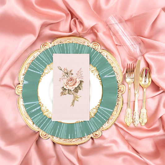Rosebuds Dinnerware Set, Gold Charger, Sage Plate, Rose Print Napkin, Disposable Gold Utensils, Disposable Dinnerware