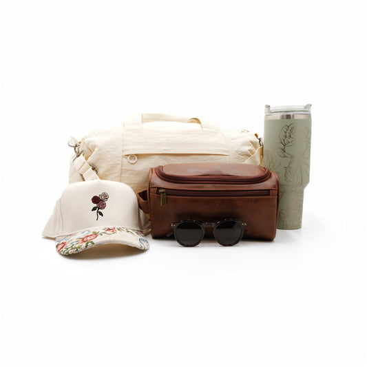 Ivory Roses Snapback Hat, Ivory Weekender Duffel Bag, Sage Engraved 40oz. Tumbler, Brown Vegan Leather Dopp Toiletry Bag, Custom T-Shirt, Tortoise Sunglasses, Engraved Charm, Custom Gifts, Engraved Gifts, Party Favors