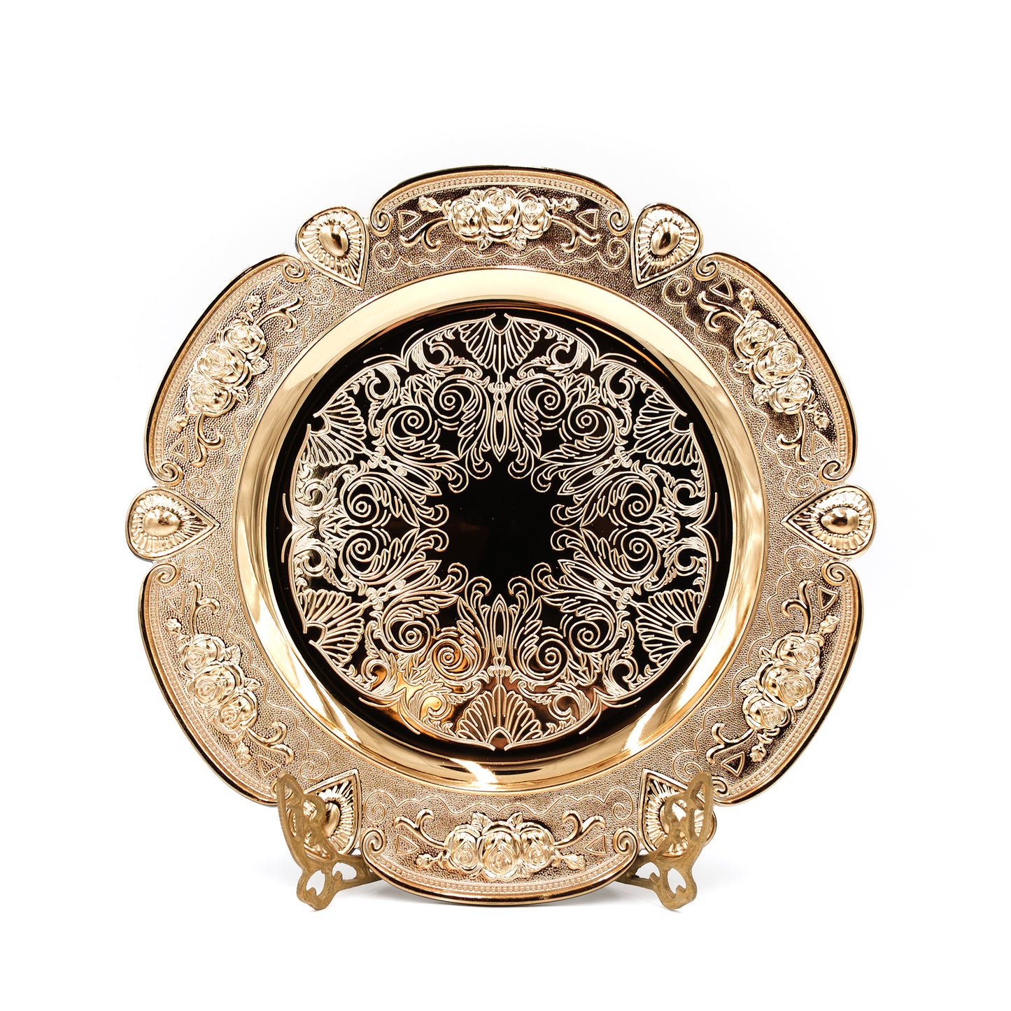 Decorative gold charger with intricate patterns 