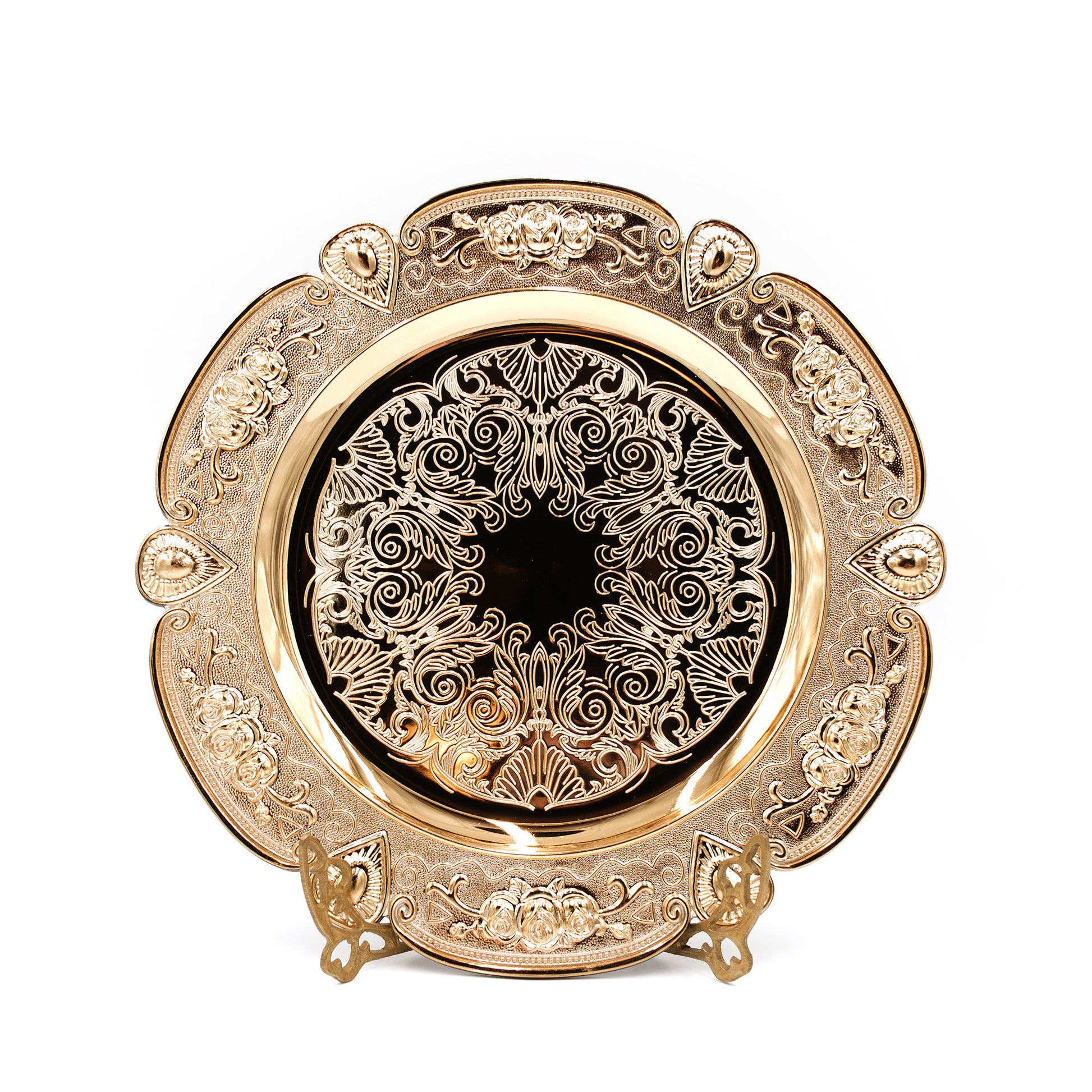 Decorative gold charger with intricate patterns 