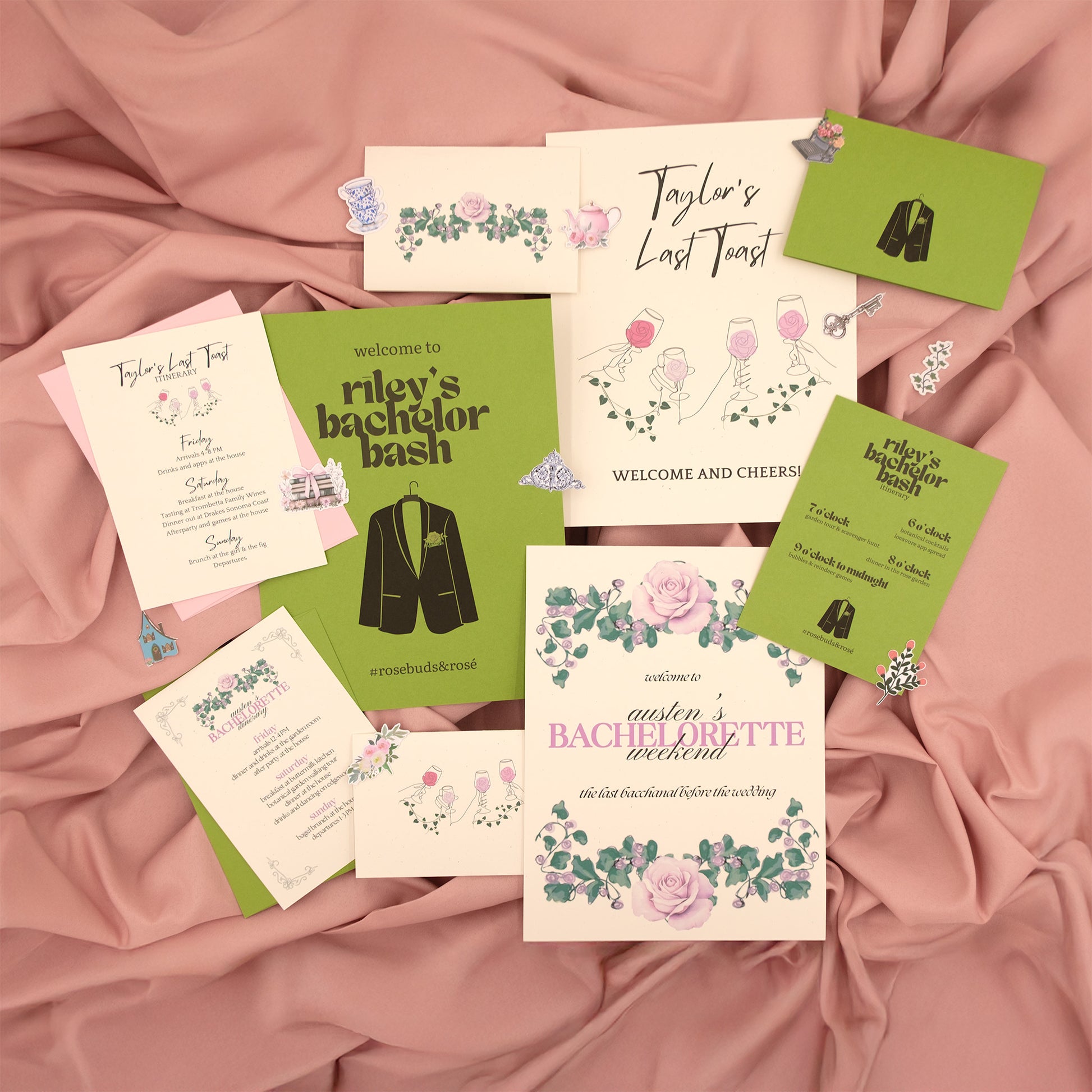 Collection of party invitations, welcome signs, itineraries, thank-yous