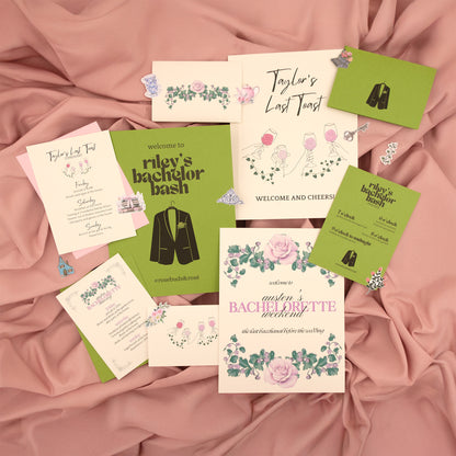 Collection of party invitations, welcome signs, itineraries, thank-yous