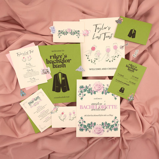 Collection of party invitations, welcome signs, itineraries, thank-yous